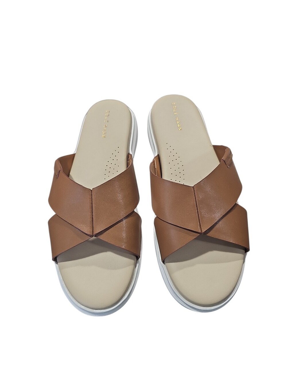 Cole Haan Grand 360 Leather Crisscross Slide Sandals Tan Brown Beige Size 8.5 VG